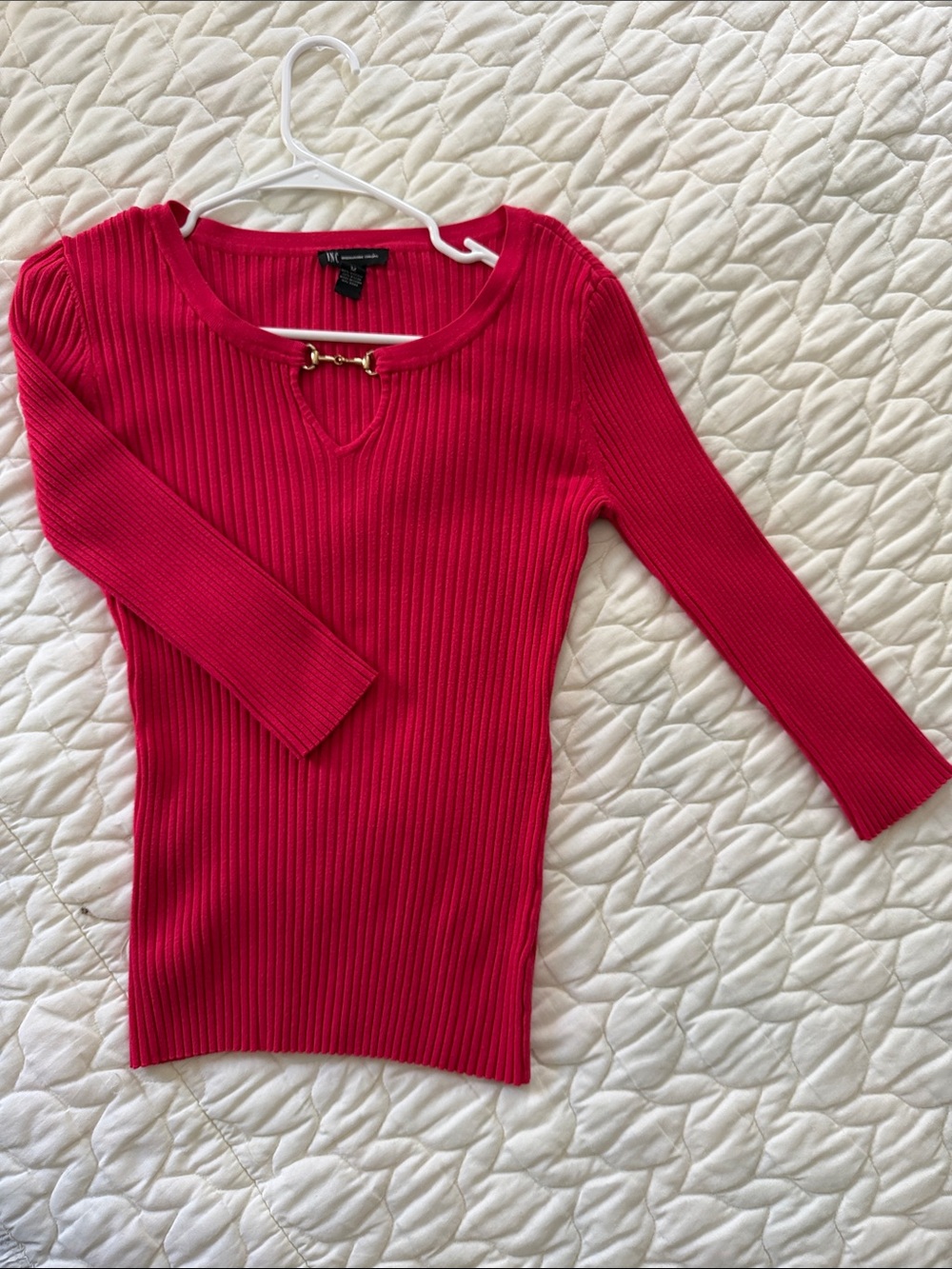 INC International Concepts Red Ribbed Long Sleeve Top with Gold Bar
